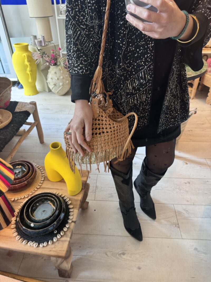 BESACE CUIR ET FEUILLE DE PALMIER